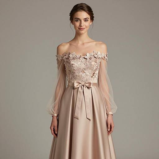 Elegant Beige Satin Dress with Floral Embroidery