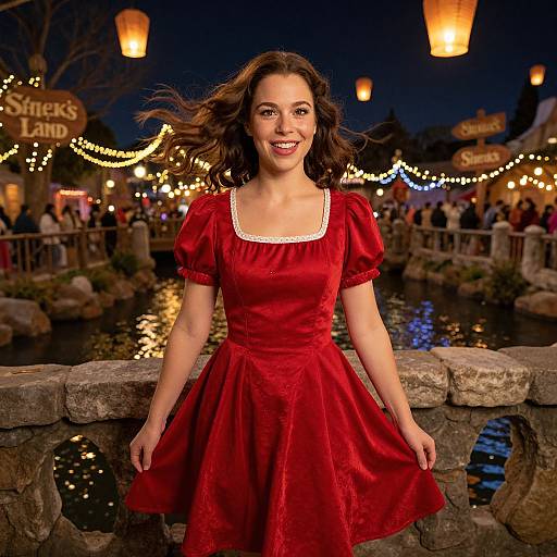 Photograph of a smiling woman with wavy brown hair in a red dress, standing by a stone bridge at a nighttime festival with glowing lanterns and