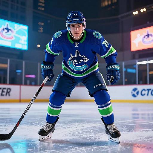 Photograph of a young male ice hockey player in a dark blue and green uniform, standing on the ice rink with a determined expression, holding a