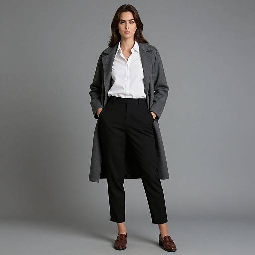 Photograph of a woman with dark hair, wearing a white shirt, black pants, gray coat, and brown loafers, standing against a gray background