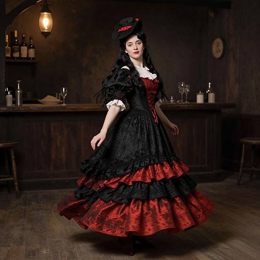 Photograph of a pale-skinned woman with black hair in a Victorian-style black and red dress with lace, standing in a dimly lit, rustic