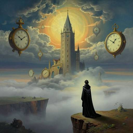 Digital art of a cloaked figure on a cliff, overlooking a foggy landscape with floating clocks and a glowing sun behind a towering castle.
