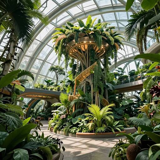 Photograph of a lush, tropical indoor garden with a large, arching glass ceiling, featuring a central, spiral plant display surrounded by various ferns