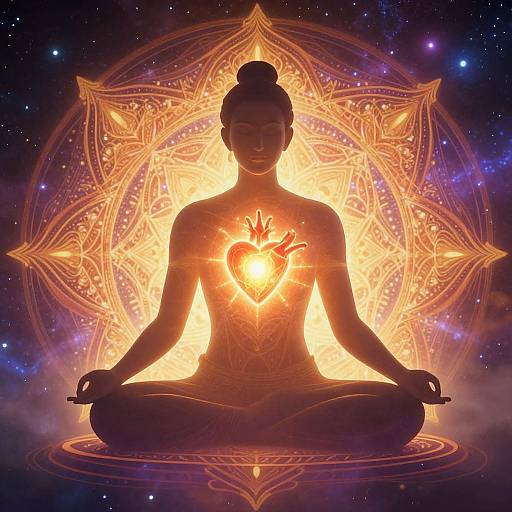 Digital artwork of a silhouetted meditating woman with glowing heart on chest, set against an intricate, radiant mandala background in space.