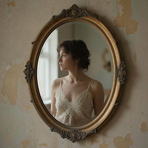 Vintage oval mirror reflecting a young woman with short brown hair, wearing a lace, off-shoulder top, against a worn, peeling wall.