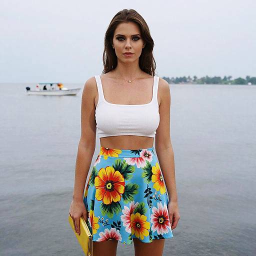Photograph of a brunette woman with wet hair, wearing a white crop top and colorful floral skirt, standing by a calm lake with a boat in the