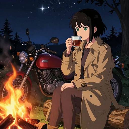 Anime-style drawing of a girl with black hair and green eyes, sipping tea by a campfire, wearing a tan coat, sitting on a log
