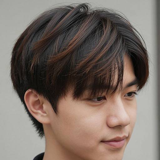 Close-up photograph of an Asian man with short, dark brown hair featuring subtle reddish highlights, looking to the right. Background is a plain, light
