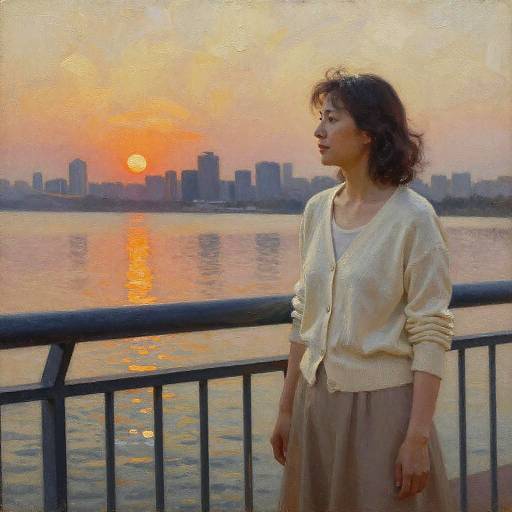 Woman at Sunset by Waterfront Railing