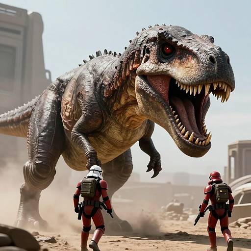 Photorealistic CGI: Two armored soldiers in red helmets and black armor face a massive, roaring, textured, dark-scaled T-Rex in a