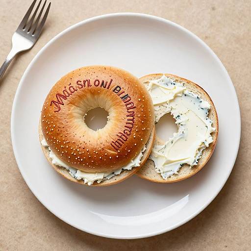 Photograph of a sesame bagel with cream cheese, 