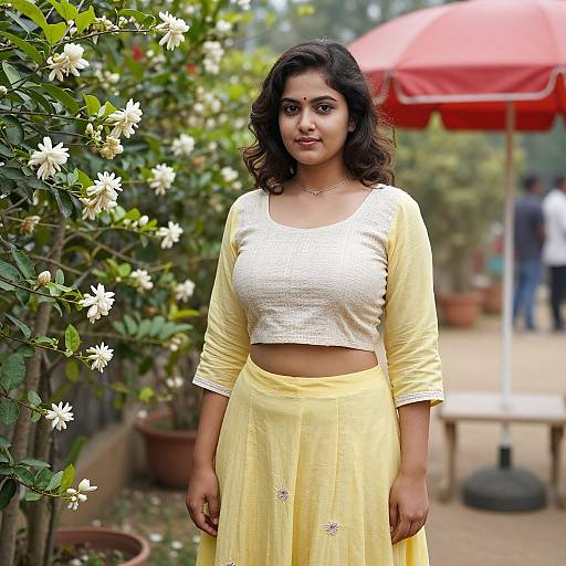 Photograph of a South Asian woman with medium skin tone, dark wavy hair, wearing a white crop top and yellow skirt, standing in a garden