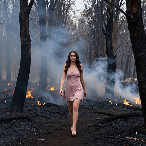 Photograph of a woman in a pink dress walking through a smoky forest fire, surrounded by burning trees and visible flames.