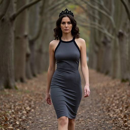 Photograph of a dark-haired woman in a black halter dress and black crown, walking down a leaf-covered forest path.
