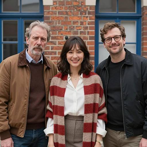 Three People Standing Outside Brick Building