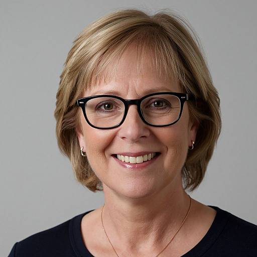Photograph of a smiling middle-aged woman with short brown hair, black glasses, and black top, against a plain gray background.
