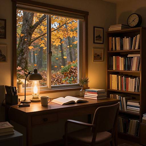 Cozy autumn office scene: Warm lamp on wooden desk, open book, coffee cup, books on shelf, window with golden leaves outside. Photograph.