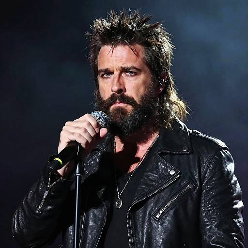 Photograph of a rugged, bearded man with spiked hair, wearing a black leather jacket, holding a microphone, looking intense against a dark, sm