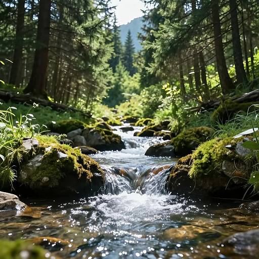 Photograph of a sunlit forest stream, with clear water cascading over moss-covered rocks, surrounded by tall evergreen trees and bright green foliage.
