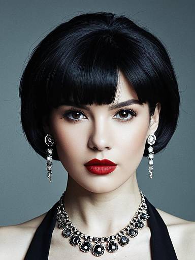 Elegant Woman with Short Black Hair and Statement Jewelry
