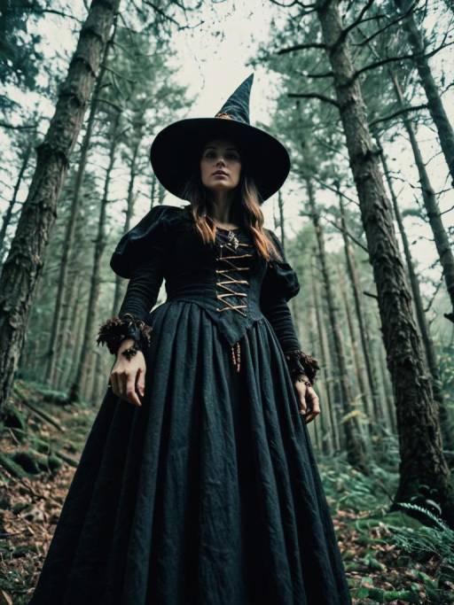 Woman in Witch Costume in Forest