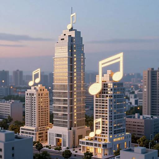 Photograph of a modern cityscape at dusk, featuring illuminated, music note-shaped lights on tall glass skyscrapers, against a softly lit, blue