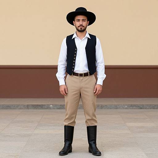 Photograph of a bearded man in white shirt, black vest, beige pants, black boots, and wide-brimmed hat, standing on tiled