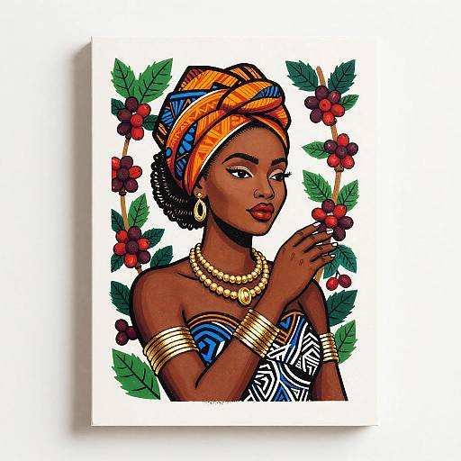 Vibrant digital illustration of a dark-skinned African woman with orange and blue headwrap, adorned with jewelry, framed by red berries and green leaves