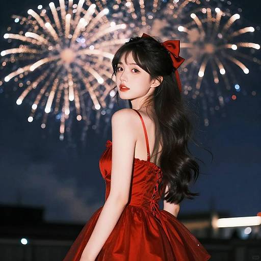 Photograph of an East Asian woman with long black hair, red dress, and bow, looking over her shoulder at vibrant fireworks.