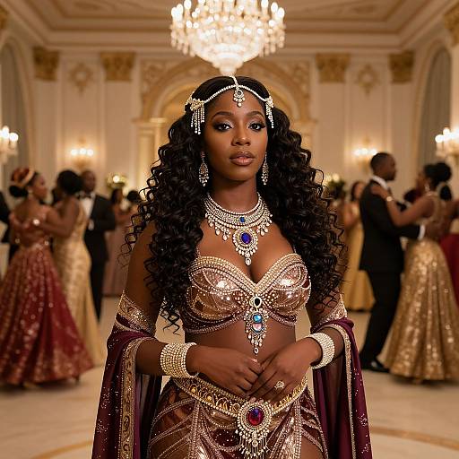 Photograph of a stunning Black woman with long curly hair, wearing an elaborate gold and purple traditional outfit with intricate jewelry, standing in a grand, ch
