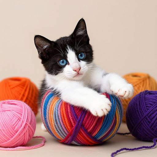 Photograph of a black-and-white kitten with bright blue eyes, playfully perched on a colorful yarn ball, surrounded by pink, orange, and