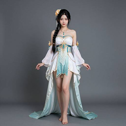 Digital anime-style artwork of a young woman with long black hair in a braid, wearing a white, blue-gold, off-shoulder fantasy