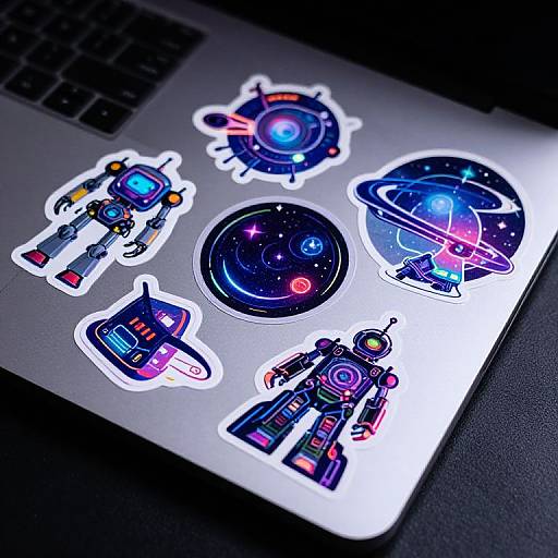 Photograph of colorful, glow-in-the-dark space-themed stickers on a silver laptop, featuring aliens, planets, spaceship, and space gear designs.