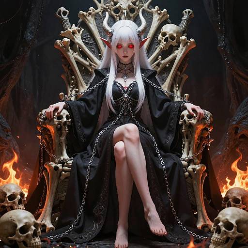 Digital artwork of a pale-skinned, red-eyed demon queen with long white hair, horns, and pointed ears, seated on a throne made of bones