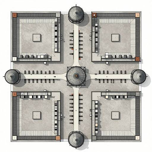Top-down architectural drawing of a symmetrical, grid-like building with four square rooms, four circular towers, and a central rotunda.