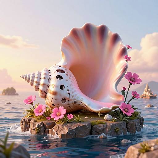 Giant, glowing, spiral seashell with small windows, surrounded by pink flowers on a rocky island, ocean backdrop, sunset sky.