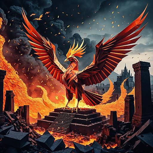 Colossal Origami Phoenix Over Ruins