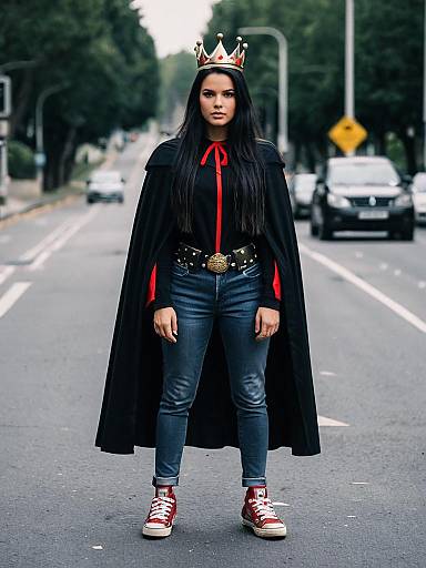 Woman in Crown and Cape Standing on Street