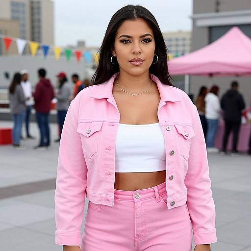 Photograph of a confident woman with long black hair, wearing a pink jacket and high-waisted pink pants, white crop top, standing outdoors at