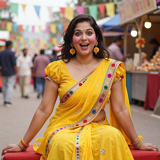 Photograph of a smiling South Asian woman in a bright yellow sari with colorful embroidery, wearing yellow earrings and bangles, seated outdoors at a festive