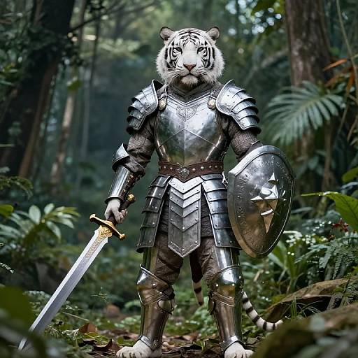 Photorealistic CGI of a white tiger in shiny medieval armor, holding a sword and shield, standing in a dense forest.