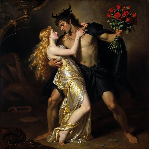 Baroque-style painting of a muscular, dark-haired demon holding red roses, embracing a blonde woman in a gold, flowing dress. Dark, dramatic background