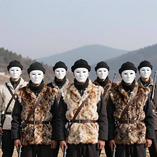 Masked Men with Rifles in Winter Landscape