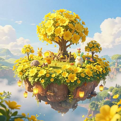 Whimsical digital artwork of a floating island covered in vibrant yellow flowers, lanterns, and adorable animals, set against a bright blue sky and mist