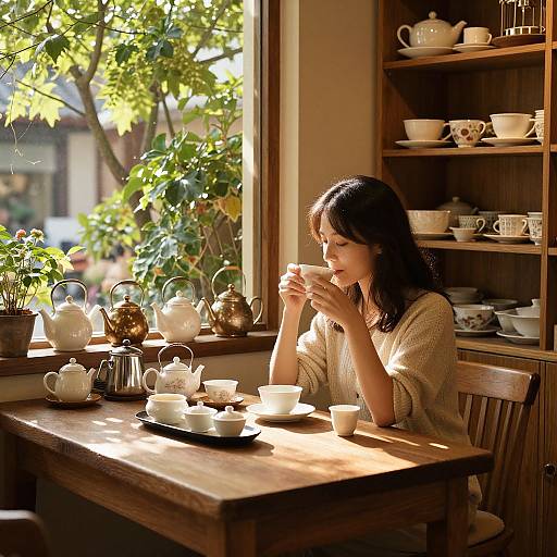 Photograph of a woman in a beige knit sweater, sipping tea at a sunlit wooden table, surrounded by white teapots and cups.