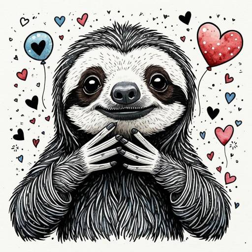 Whimsical Tim Burton Style Sloth with Hearts