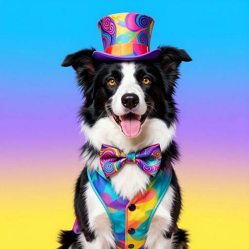 Photograph of a black-and-white Border Collie wearing a colorful, swirled top hat, bow tie, and vest, against a gradient blue