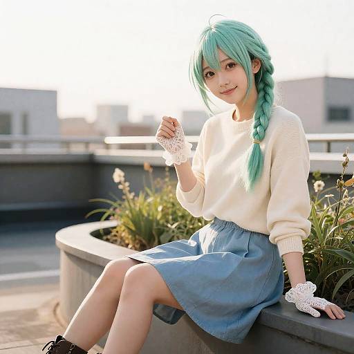 Young Woman with Mint Green Hair Sitting on Urban Rooftop