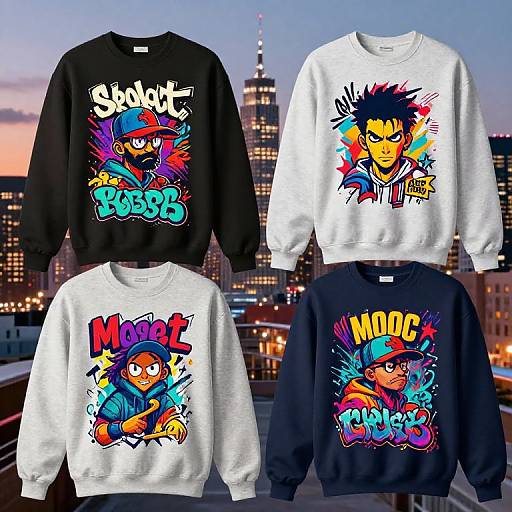Photograph of four graphic sweatshirts featuring colorful, animated characters 