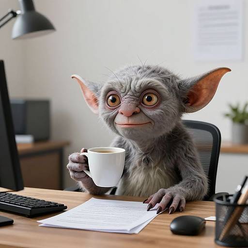Hyper-Realistic Gremlin Working at Desk